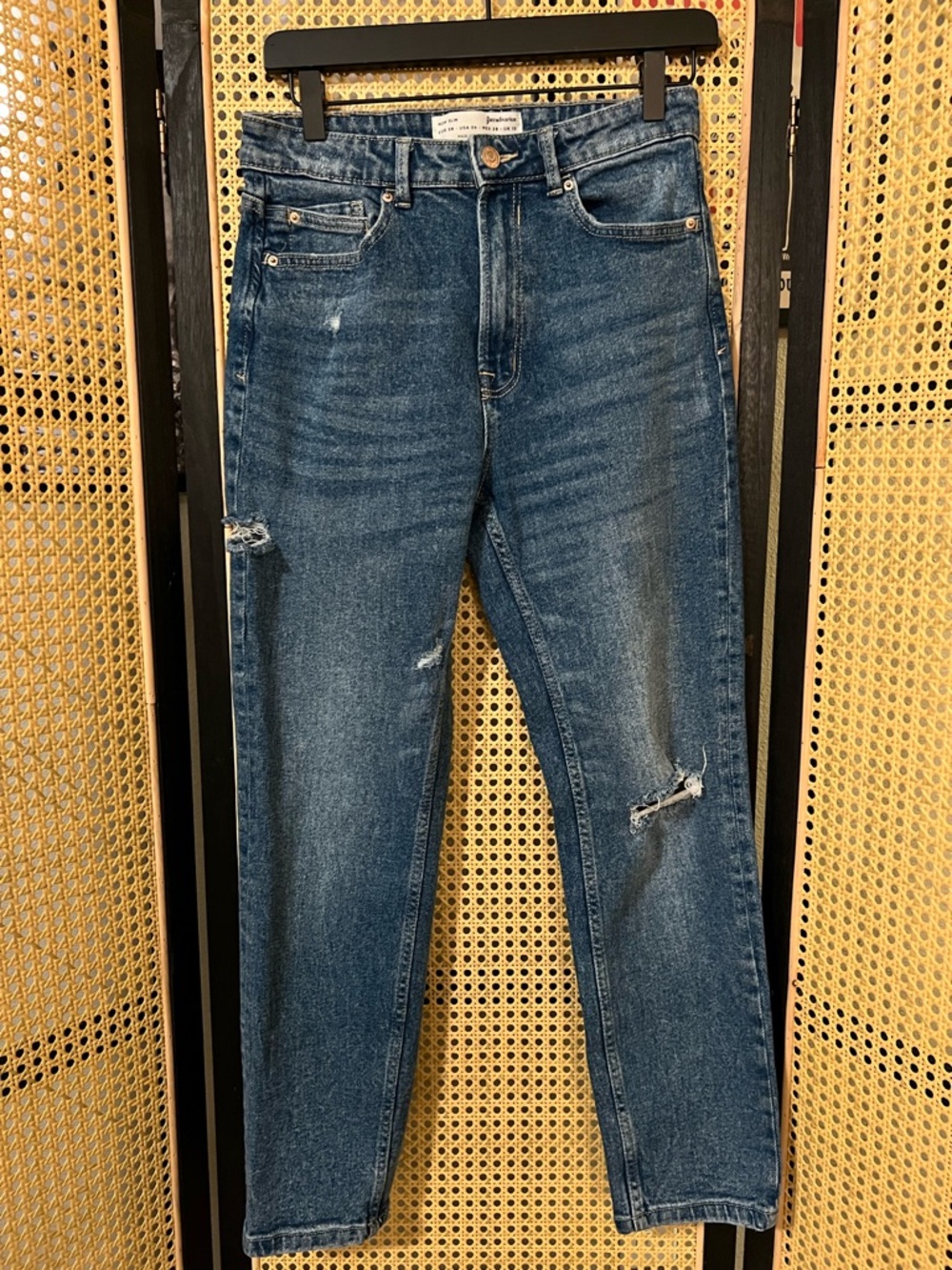 stradivarius Dark Blue Slim Straight Mom Jeans